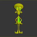 3D Cartoon Character With Green Head Red Eyes Long Nose Orange Shirt And Blue Shoes