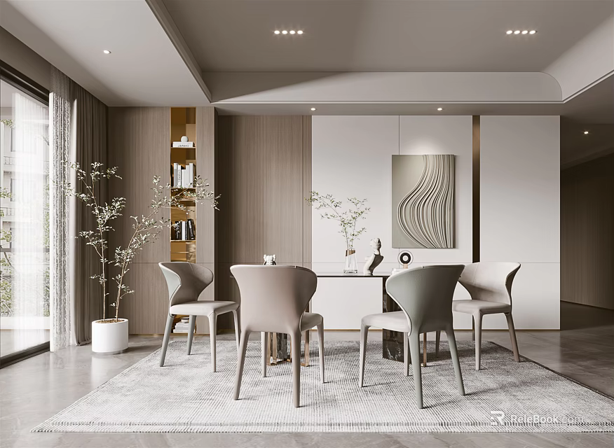 Modern Restaurant Interior Design With Dining Table Chairs Plants And Artwork 3d model