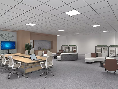 Modern Conference Room Interior With Long Table Office Chairs Smart TV And Green Plants 3d model