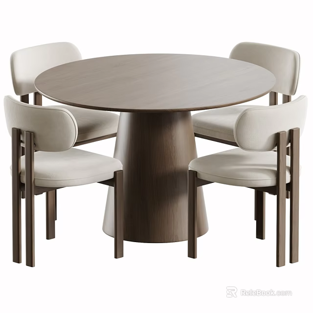 Modern Minimalist Solid Wood Round Dining Table With Four Beige Upholstered Dining Chairs Set 3d model 