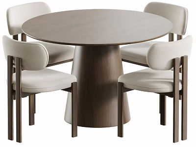 Modern Minimalist Solid Wood Round Dining Table With Four Beige Upholstered Dining Chairs Set 3d model