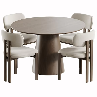 Modern Minimalist Solid Wood Round Dining Table With Four Beige Upholstered Dining Chairs Set 3d model