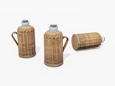 Wicker Woven Thermos Flask Set With Three Pieces As Practical Household Items 3d model