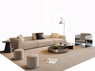 Modern Beige Sofa And Round Coffee Table Set With Black Side Tables Stools Floor Lamp 3d model