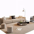 Modern Beige Sofa And Round Coffee Table Set With Black Side Tables Stools Floor Lamp