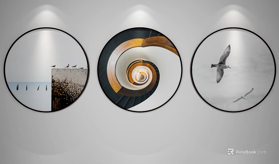 Three Round Frame Wall Artworks With Birds Spiral Staircase And Flying Bird 3d model 