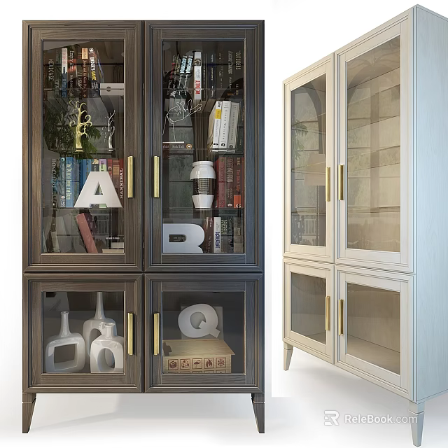 Modern Display Cabinet With Glass Doors Golden Handles And Storage Shelves 3d model 