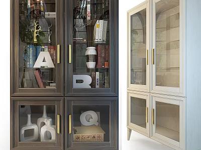 Modern Display Cabinet With Glass Doors Golden Handles And Storage Shelves 3d model