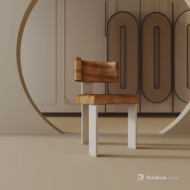 Modern Leisure Chair With Wooden Backrest Seat And White Legs In Circular Decor Setting 3d model 
