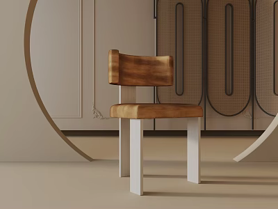Modern Leisure Chair With Wooden Backrest Seat And White Legs In Circular Decor Setting 3d model