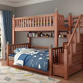 Wooden Bunk Bed with Staircase Ladder Drawers Lower Blue Bedding Upper Guardrails Bookshelf and Books
