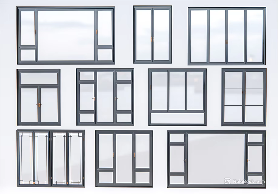 Various Home Window Styles Featuring Different Frame Designs And Glass Panel Layouts 3d model