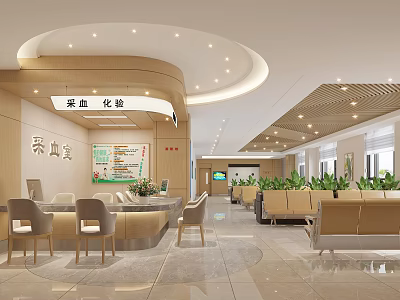 Bright Modern Reception Hall Interior With Reception Desk Seating Area And Green Plants 3d model