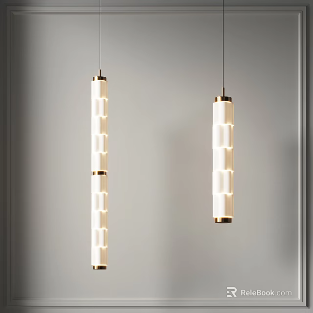 Modern Long Cylindrical Pendant Lights With White Shades And Metallic Frames 3d model 