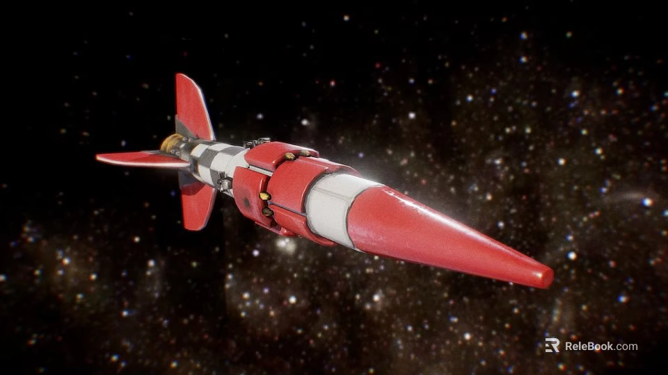 Red and White Rocket Flying Through Starry Space Background with Aerodynamic Shape 3d model 