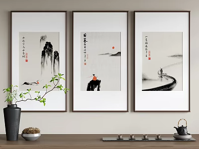 Three Panel Chinese Ink Landscape Paintings With Mountain Red Sun And Figure 3d model