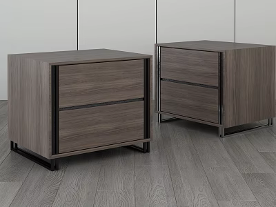 Modern Bedside Tables with Wooden Texture Drawers and Black Metal Legs on Grey Wooden Floor 3d model