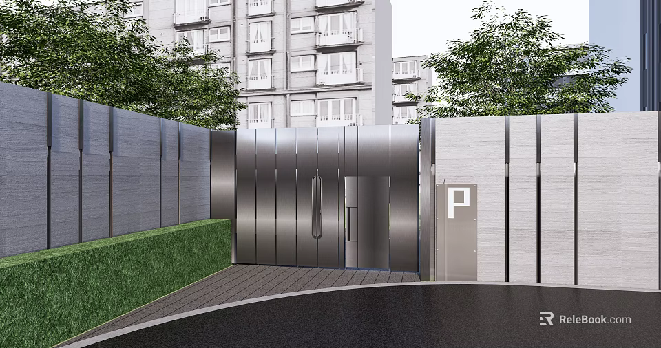 Modern Metal Entrance Gate With Parking Sign Green Lawn Gray Wall And Surrounding Trees 3d model 