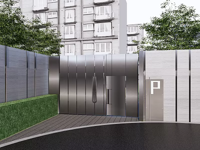 Modern Metal Entrance Gate With Parking Sign Green Lawn Gray Wall And Surrounding Trees 3d model