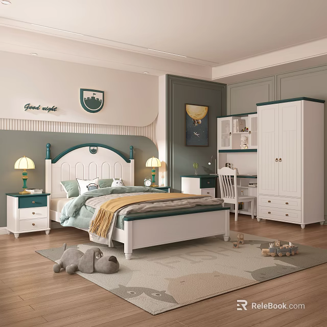 Kids Room Interior Design With White Green Bed Nightstands Lamps Bookshelf And Toys 3d model 