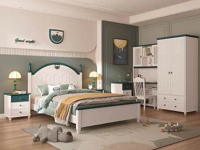 Kids Room Interior Design With White Green Bed Nightstands Lamps Bookshelf And Toys 3d model