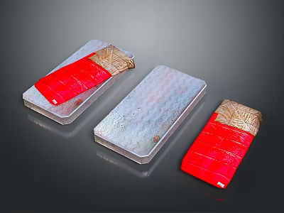Three Stylish Decorative Storage Boxes With Red And Silver Metallic Patterns For Home Furniture 3d model