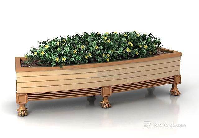 Wooden Rectangular Planter with Claw Feet Featuring Green Potted Plants and Yellow Flowers 3d model 