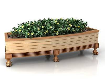 Wooden Rectangular Planter with Claw Feet Featuring Green Potted Plants and Yellow Flowers 3d model