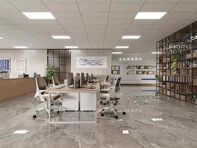 Bright Spacious Modern Open Office Workspace With Comfortable Workstations Neat Storage Shelves And Marble Flooring 3d model