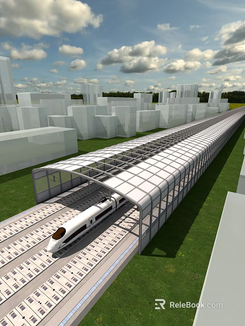 High Speed Train Moving On Covered Track By Modern City Buildings And Green Spaces 3d model 