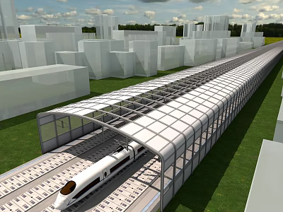 High Speed Train Moving On Covered Track By Modern City Buildings And Green Spaces 3d model