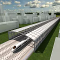 High Speed Train Moving On Covered Track By Modern City Buildings And Green Spaces