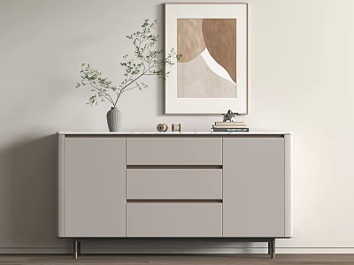 Modern Entryway Console Cabinet With Wall Art Decorative Vase Drawers And Ornaments 3d model