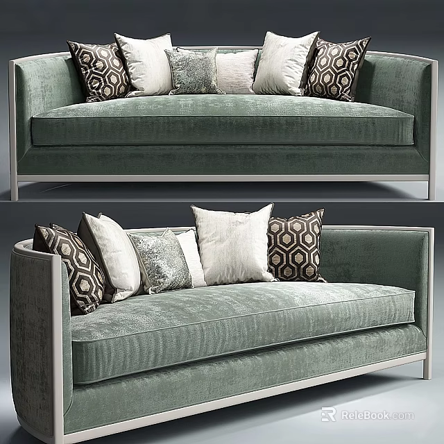 Green Velvet Sectional Sofa With Patterned Throw Pillows And Silver Metal Frame 3d model