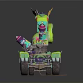 Green Dragon Themed Costume With Yellow Horns And Purple Details