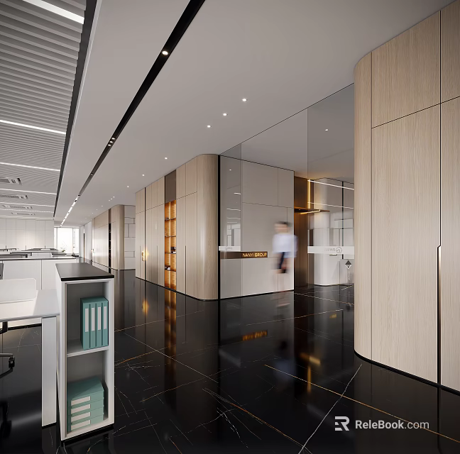 Modern Public Office Space Featuring Open Design Wooden Walls Glass Partitions And Black Floor Tiles 3d model 