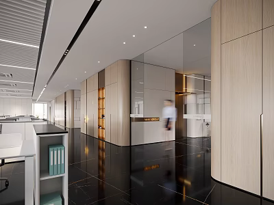 Modern Public Office Space Featuring Open Design Wooden Walls Glass Partitions And Black Floor Tiles 3d model