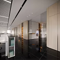 Modern Public Office Space Featuring Open Design Wooden Walls Glass Partitions And Black Floor Tiles