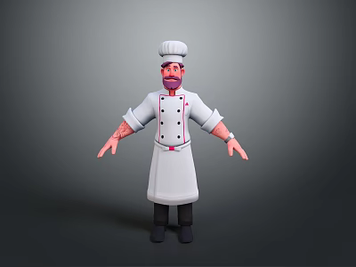 Male Chef Wearing White Uniform Hat Beard And Arm Tattoos Standing In Grey Background 3d model