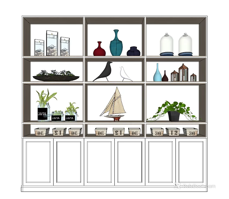 Stylish Decorative Cabinet With Vases Bird Figurines Sailboat Model And Green Plants 3d model 