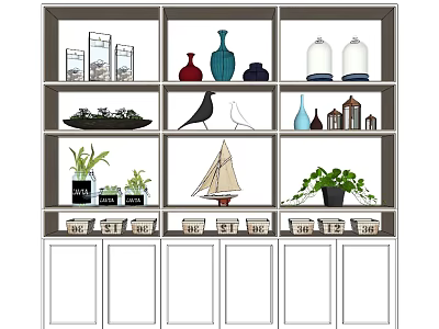 Stylish Decorative Cabinet With Vases Bird Figurines Sailboat Model And Green Plants 3d model