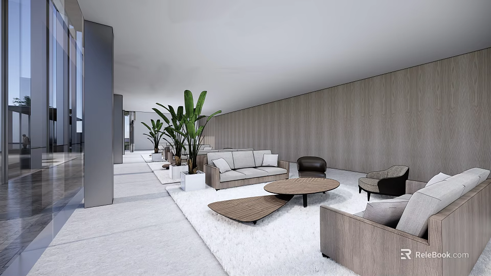 Modern Leisure Area Interior Design With Plush Sofa Round Coffee Tables And Potted Plants 3d model 