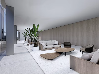 Modern Leisure Area Interior Design With Plush Sofa Round Coffee Tables And Potted Plants 3d model