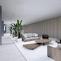 Modern Leisure Area Interior Design With Plush Sofa Round Coffee Tables And Potted Plants