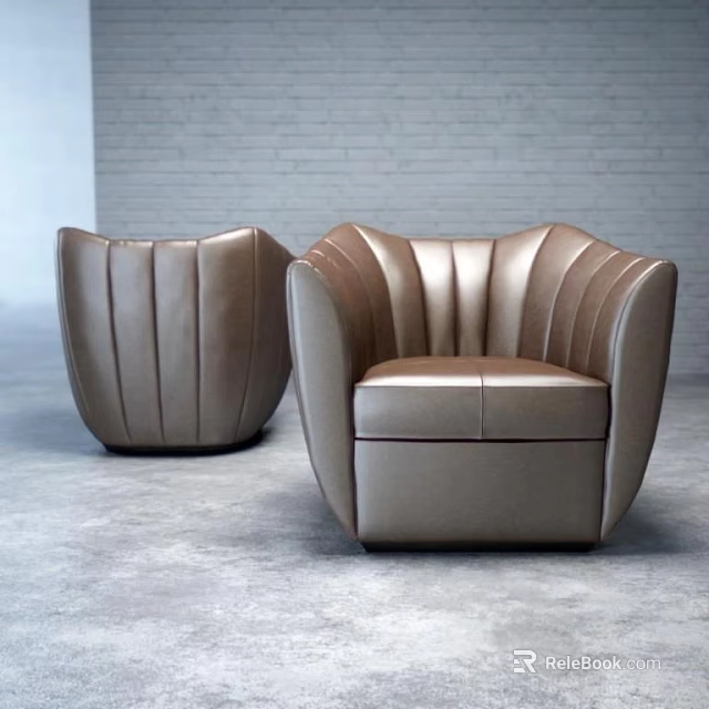 Two Modern Brown Leather Armchairs With Curved Backrest And Elegant Design 3d model 