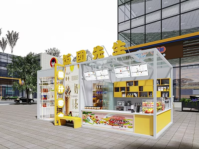 Yellow And White Open Supermarket Retail Kiosk With Fruits Snacks Product Display And Menu Boards 3d model