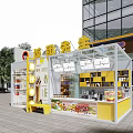 Yellow And White Open Supermarket Retail Kiosk With Fruits Snacks Product Display And Menu Boards