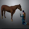 Woman Kneeling On Ground Reaching Out To Brown Horse In Blue Outfit And Hat
