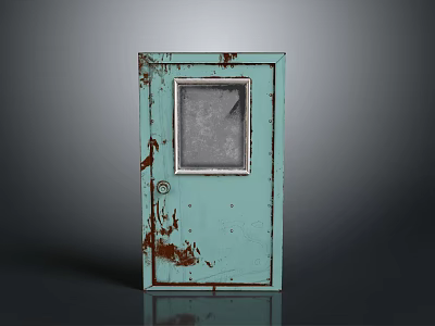 Rusted Teal Metal Door With Small Window And Vintage Distressed Details 3d model