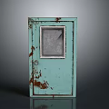 Rusted Teal Metal Door With Small Window And Vintage Distressed Details